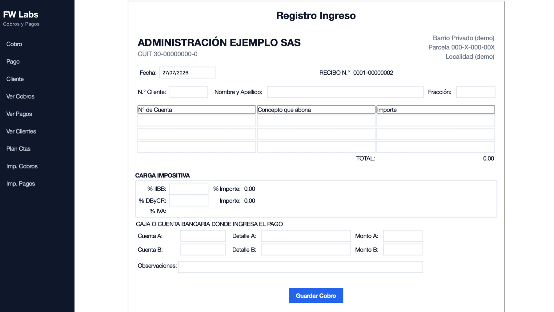 Sistema de cobros y pagos a medida que FW Labs construyó para la administración de un barrio privado, con cálculo de impuestos en vivo