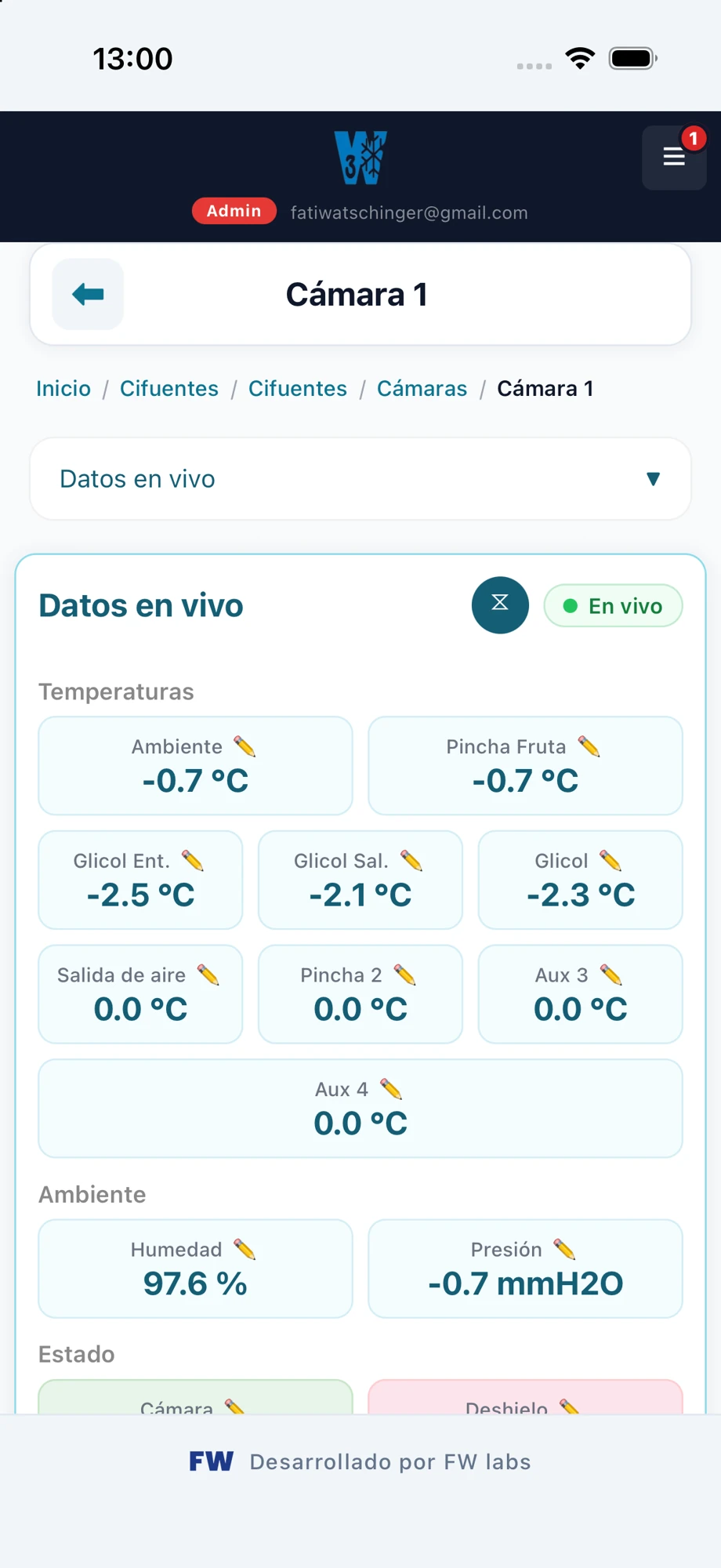 3W Control: temperaturas, humedad y presión de una cámara frigorífica.