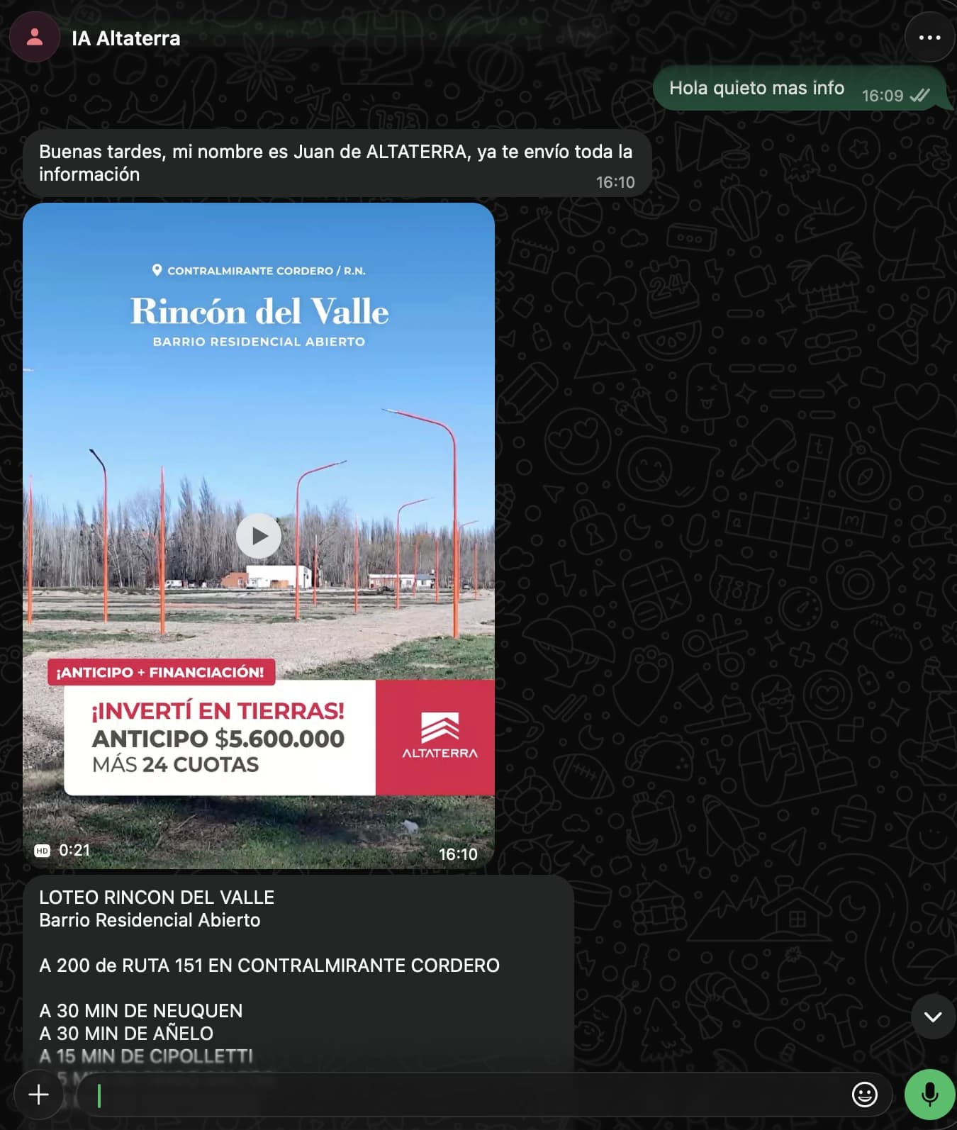Intercambio inicial de WhatsApp con IA Altaterra: consulta e información del loteo.