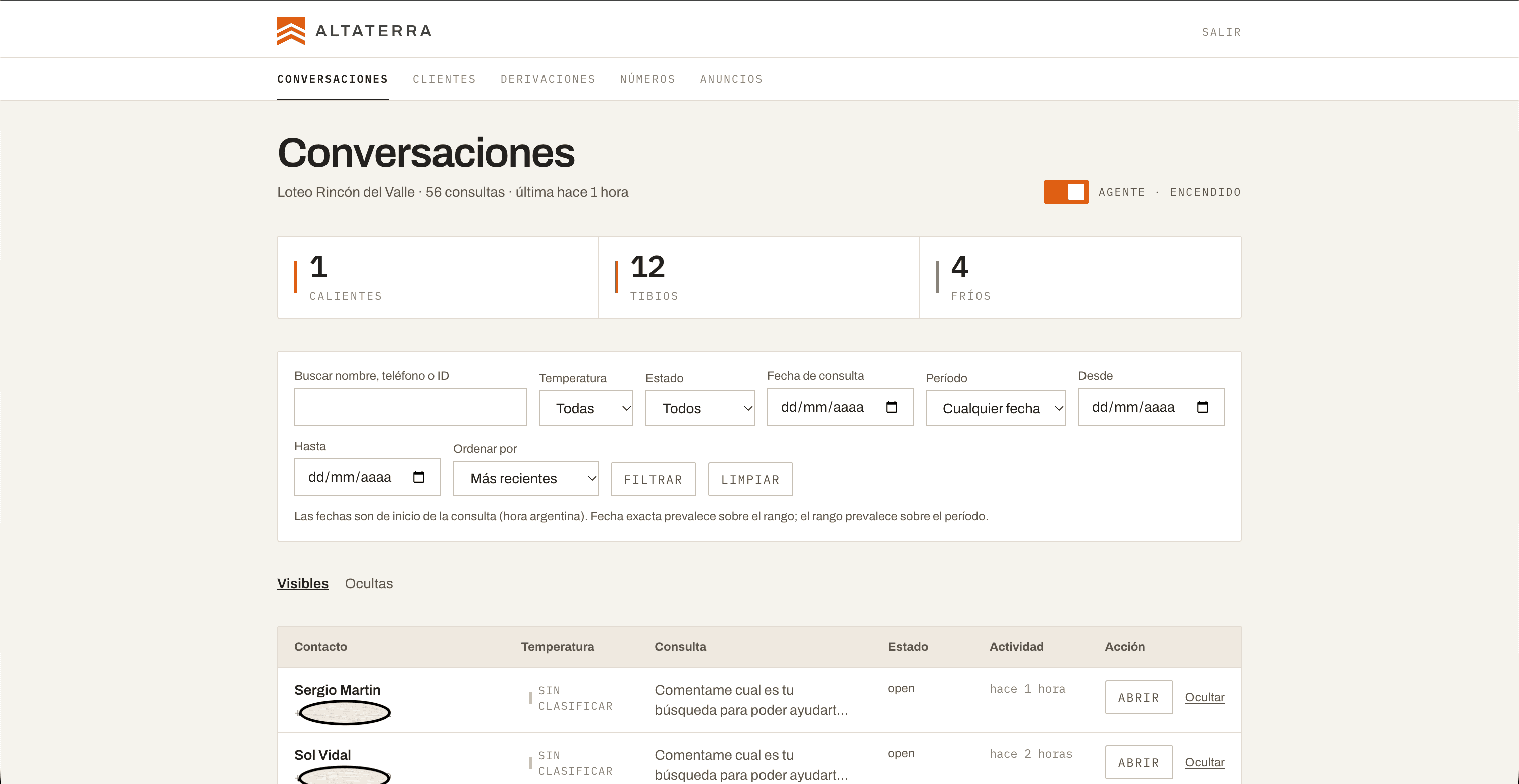 Panel de Altaterra: conversaciones, filtros y seguimiento de consultas.